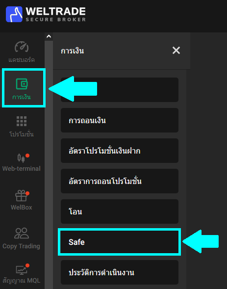 Weltrade เมนู บัญชี Safe