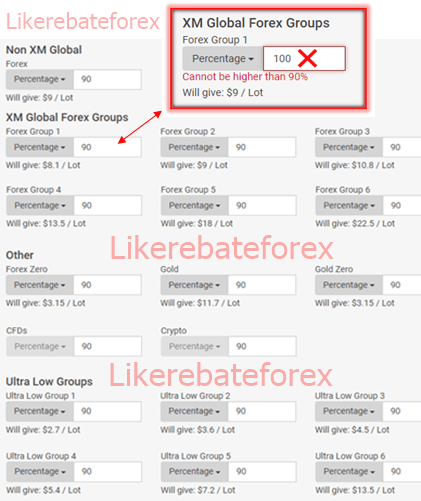 XM Rebate setting 90 percent