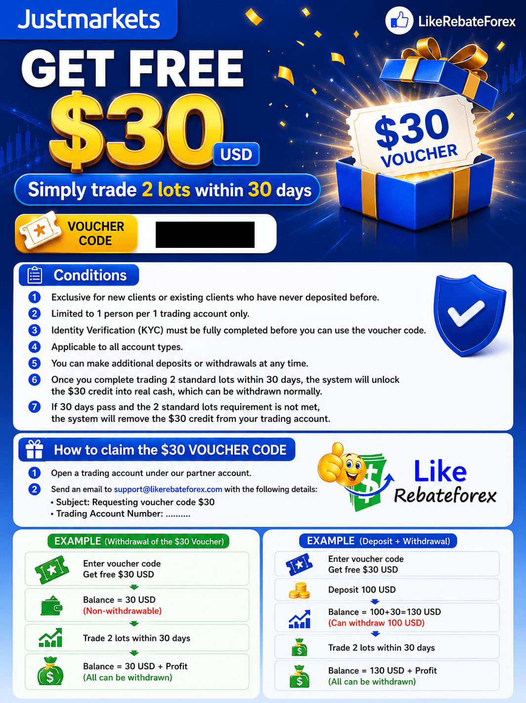 Justmarkets voucher code 30 USD